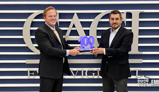 Executive Mosaic CEO Jim Garrettson Presents 2021 Wash100 Award to CACI NSIS President Todd Probert