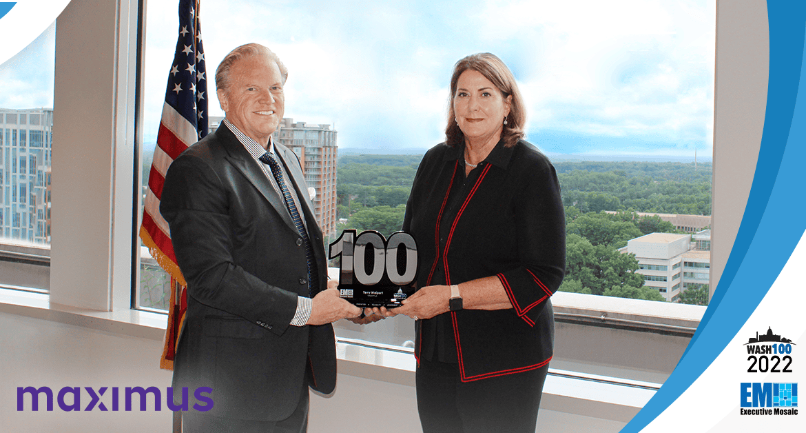 Executive Mosaic CEO Jim Garrettson Presents 2022 Wash100 Award to Maximus Federal President Teresa Weipert