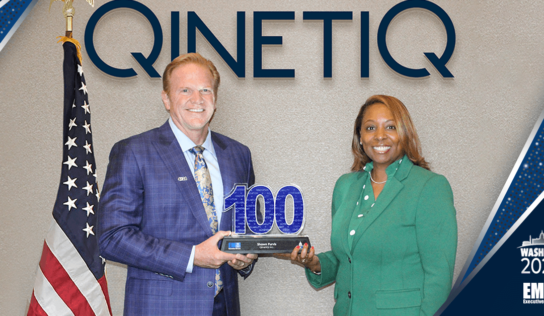 QinetiQ US Chief Shawn Purvis Accepts 4th Wash100 Award From Founder Jim Garrettson