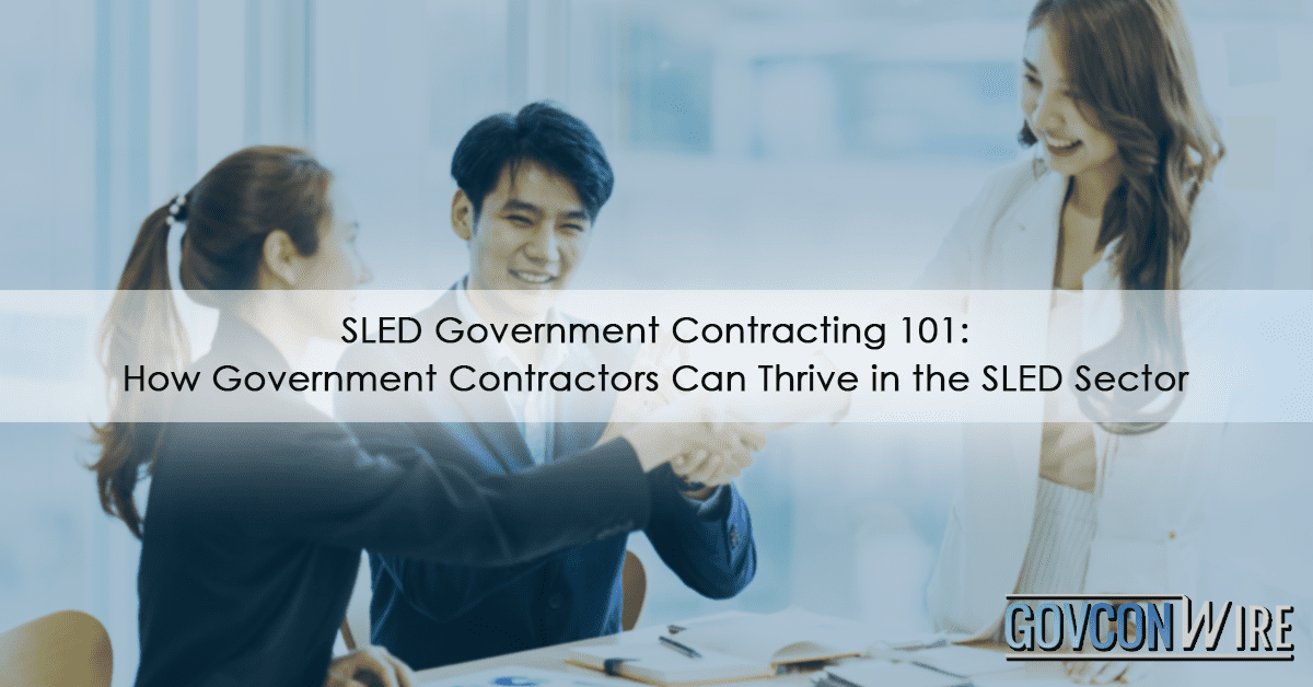 Business professionals shaking hands during a meeting, SLED government contracting 101 guide