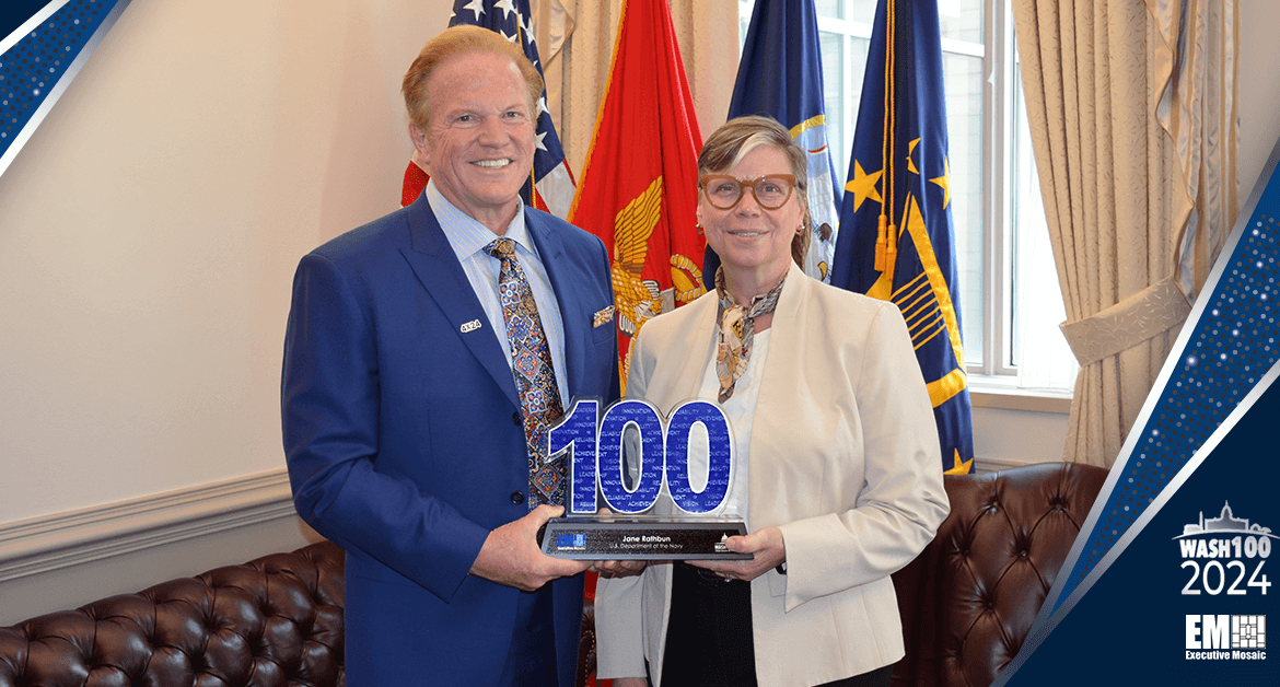 Navy CIO Jane Rathbun Receives 1st Wash100 Award From Jim Garrettson at Pentagon