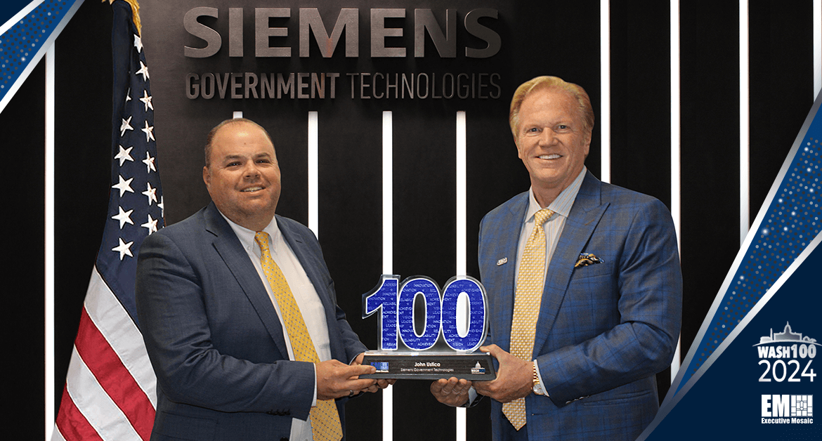 Executive Mosaic’s Jim Garrettson Delivers 2024 Wash100 Award to Siemens Government Technologies’ John Ustica